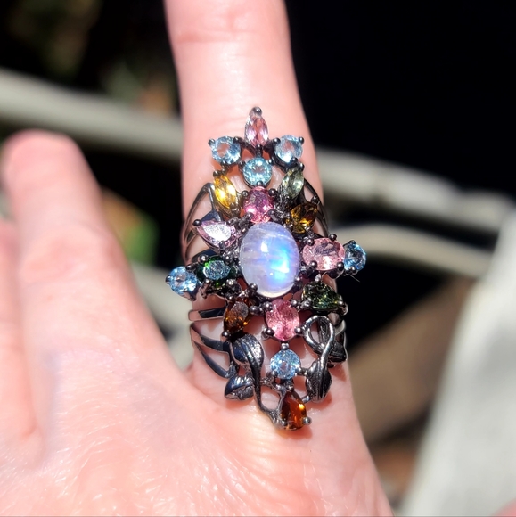 STUNNING NEW Moonstone Milti-Gem Ornate Sterling Finger cuff sz8.5 - Picture 8 of 8